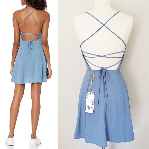 NEW Show Me Your Mumu Victoria Mini Dress Crisscross Laced Up Back Blue M $140 - Picture 3 of 13